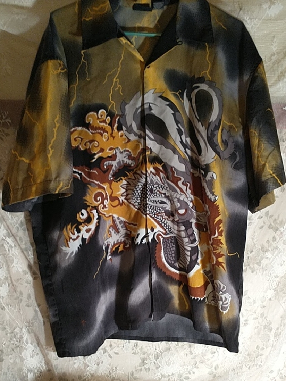 Extreme Limit Graphic Short Sleeve Button-Up Shirt Black Gold Dragon Design Sz L